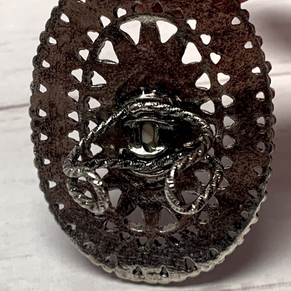 Western Style Needlepoint Concho Cluster Ring with Natural Oval Stone Adjustable - Picture 3 of 4
